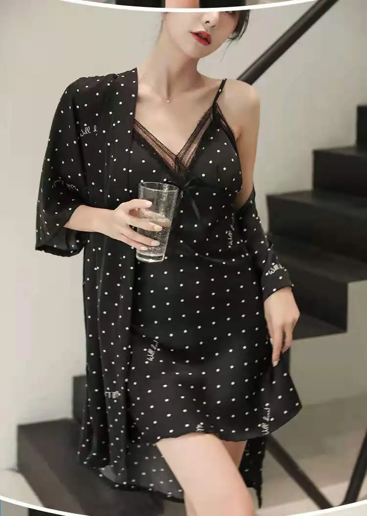 

2021 women's spring and summer long-sleeved ice silk nightgown 2 piece set with chest pad and waist imitation silk can be worn o