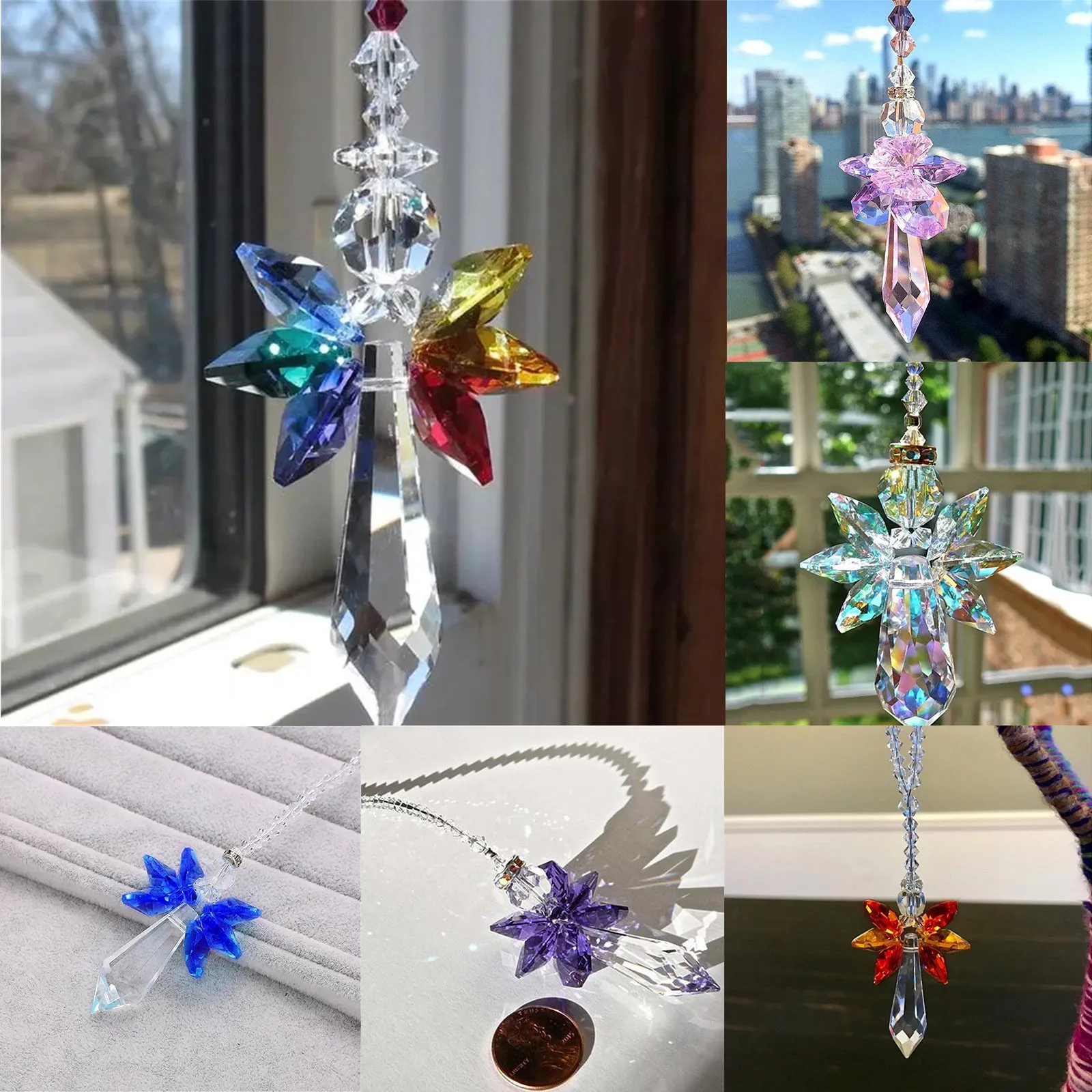 Modern Rainbow Crystal Angel Chakra Suncatcher Car Charm Pendant Wall Window Door Wind Chimes Hanging Ornaments Room Home Decor | Дом и сад