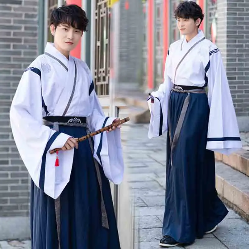 Мужской традиционный костюм Hanfu винтажный белого цвета с темно-синими полосками