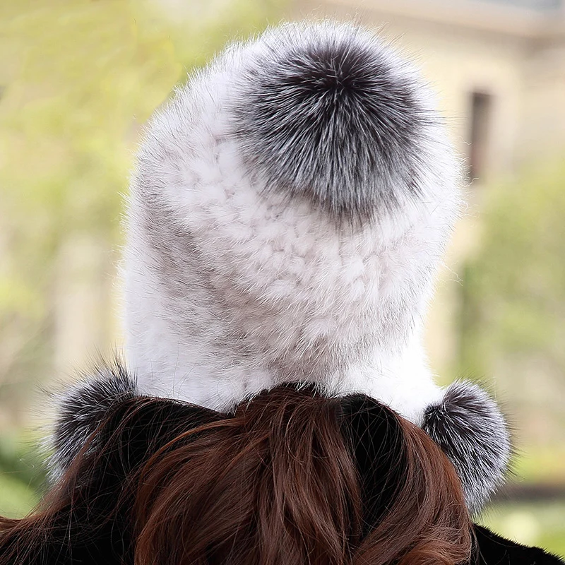 Real Mink Fur Hat For Women Winter Warm Christmas Earmuffs Cap With Fox Fur Pom Pom