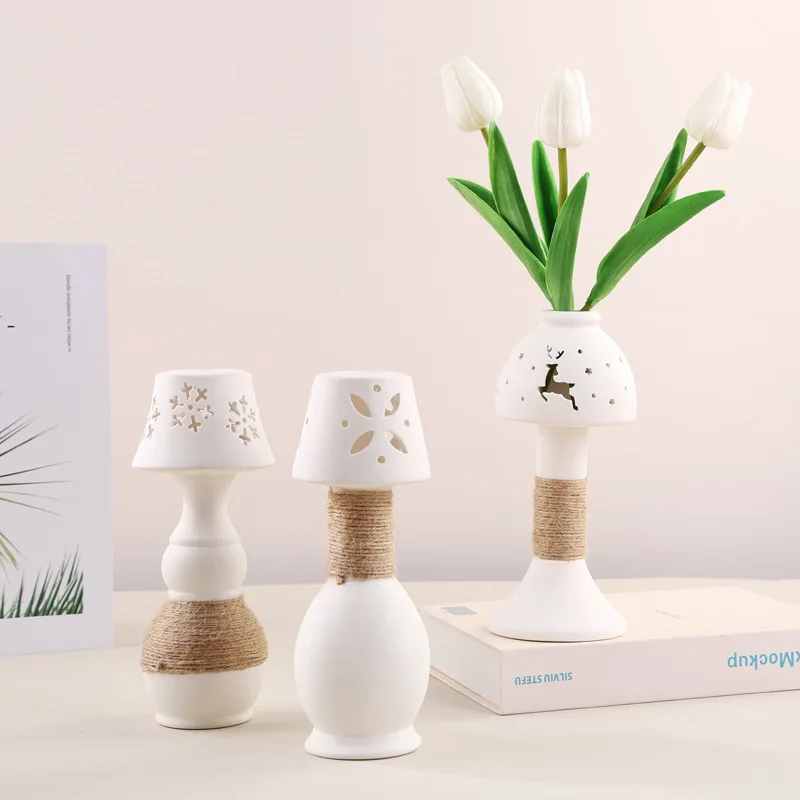 

Handmade hemp rope white hollow vase creative table lamp dried flower flower living room decoration desktop decoration ornaments