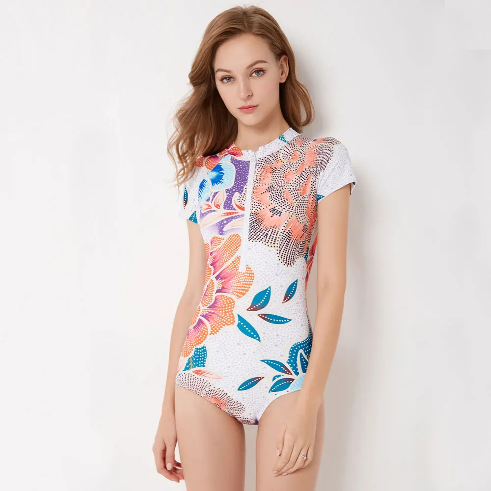 Женский цельный купальник на молнии с цветочным принтом и коротким