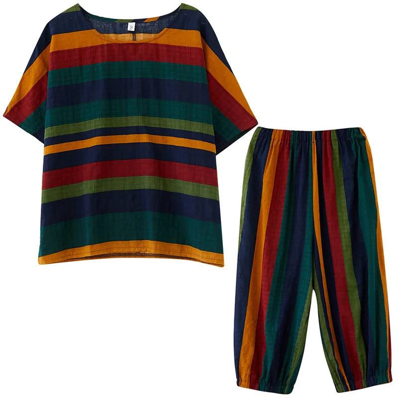 

Suit Women's Fashion Strip 2020 Summer Wear Loose Tracksuit Stripe Short Sleeve Casual Two Piece Set Thin Soft Outfits