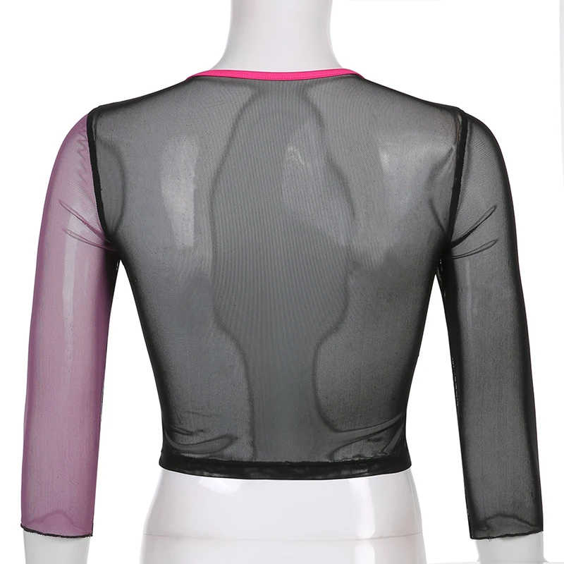 

Waatfaak Printed Casual T-Shirt Women Patchwork Long Sleeve O Neck Harajuku Crop Top T Shirt Vintage Summer Mesh Tshirt 2021