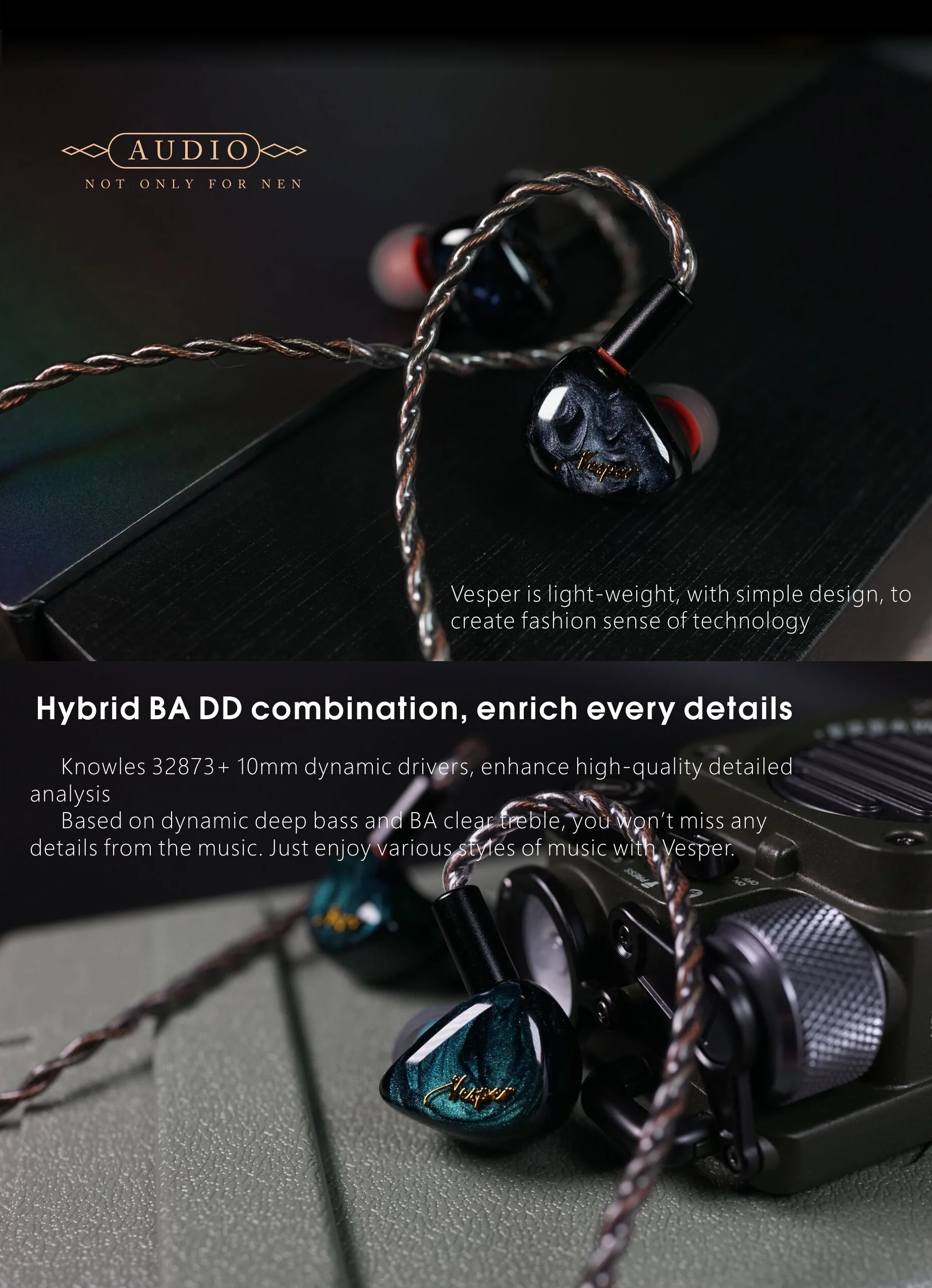 Внутриканальные наушники QOA Vesper IEM 1BA + 1DD гибридная гарнитура с драйвером