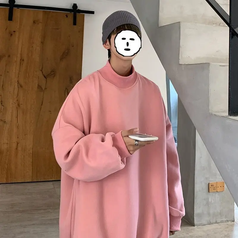 

Sweatshirts Men And Women Half High Collar Students Loose Hong Kong Style Long-sleeved Solid Color Warm Bottoming Shirt