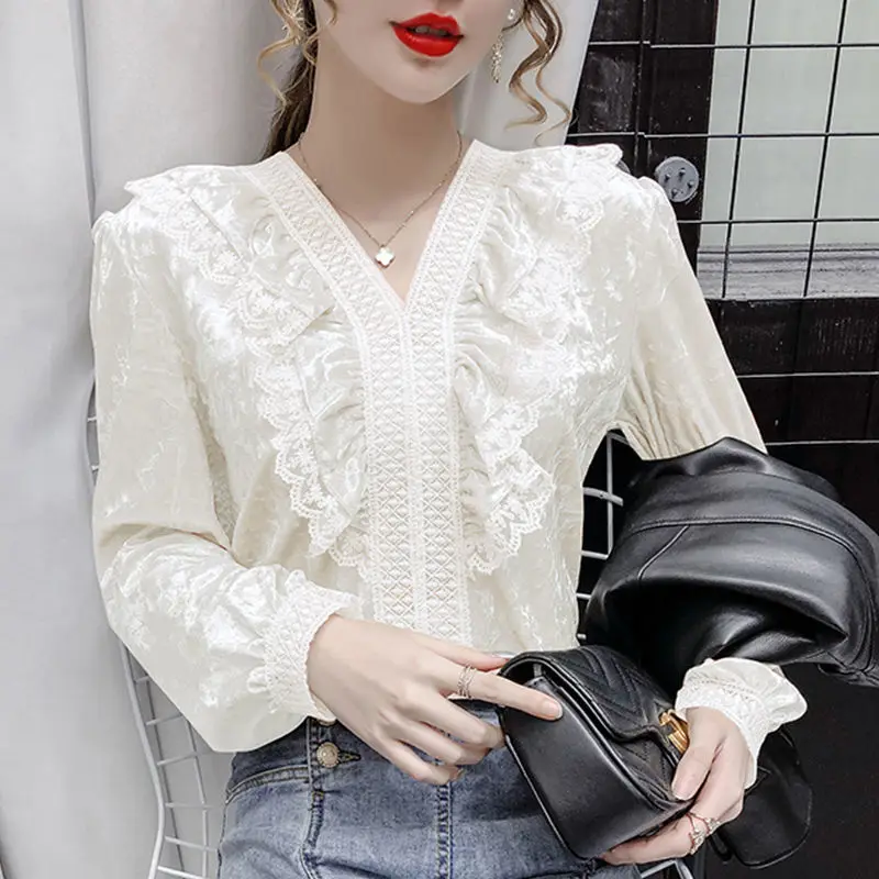 Осенне-зимняя женская блузка 2020 кружевная бархатная Блузка с V-образным вырезом и