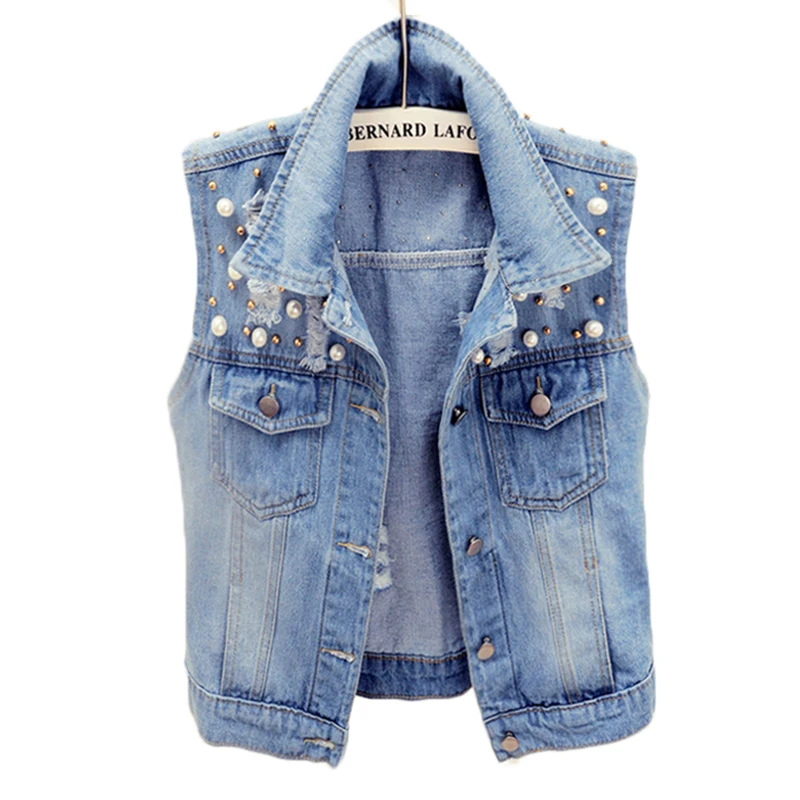 

Jacket Beaded Denim Vest Short Women Vintage Hole Sleeveless Jeans Spring Autumn New Casual Lady New Waistcoat Female