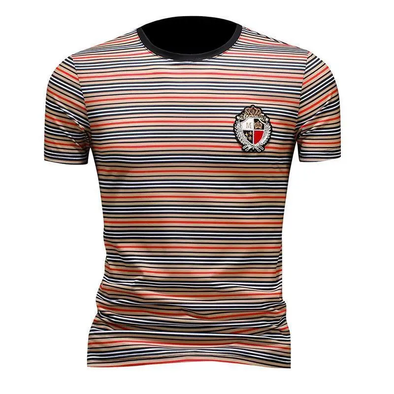 

2021 summer new striped t-shirt men's short sleeve personality round neck large loose men's half sleeve shirt