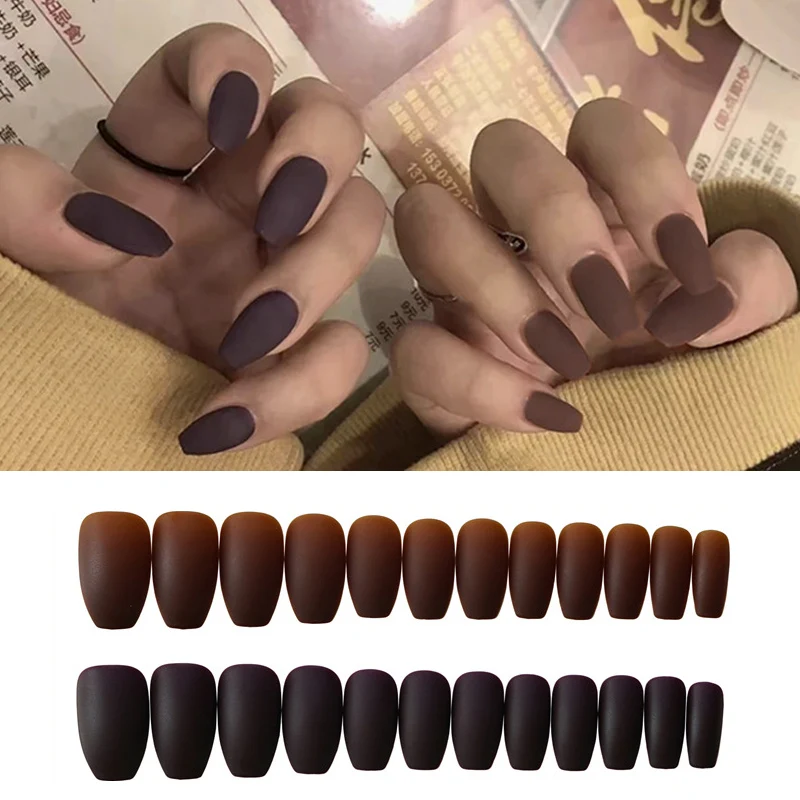 24pcs Wine Red Matte Coffin Ballerina False Nail Art Tips With Glue Acrylic Full Cover Fake Nails Manicure Press on Tools | Красота и