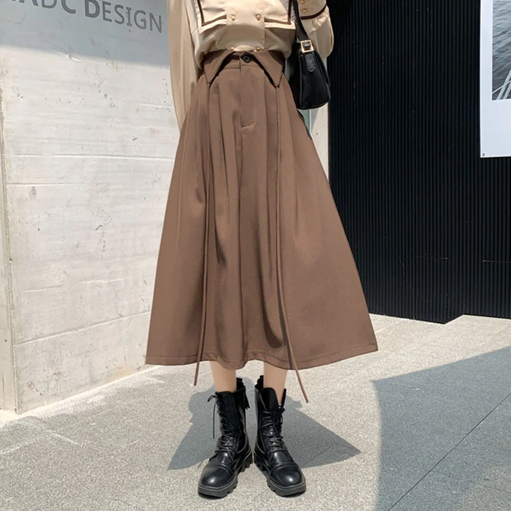 

A-line Skirt 2021 New Autumn OL Commuter Style Solid Color Lace All Match Mid-length Skirts Sweet High Waist For Women Casual