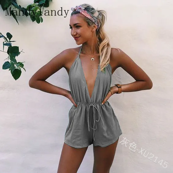 

Mandylandy Playsuits Summer V-neck Spaghetti Strap Backless Straight Playsuits Women's Sexy Pleated Lace Up Slim Fit Playsuits