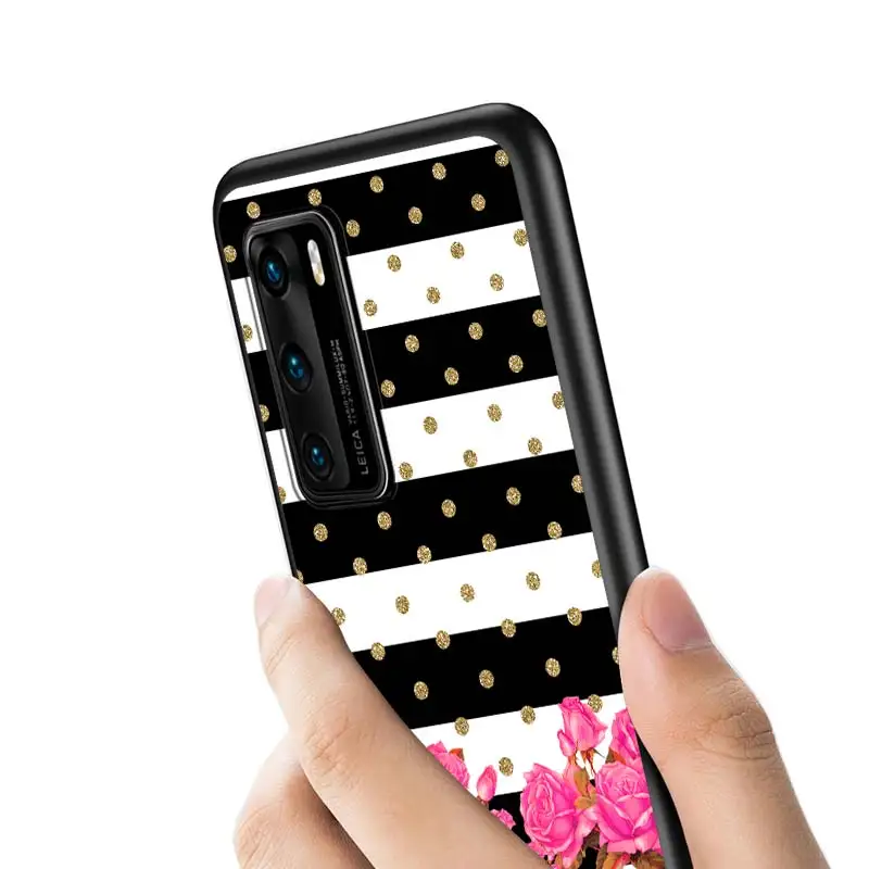 

Black White Stripes Flower For Huawei P Smart Z S Plus 2020 2019 P40 P30 P20 Pro Lite E Plus 5G Lite Bright Black Phone Case