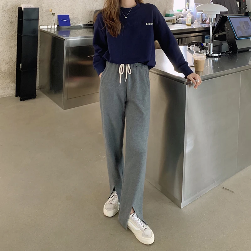 

High Waist Solid Wide Leg Pants Woman Simple and Loose Lace-up Slit Women's Pants Casual Slim-fit Elastic Waist Pants Women 2020