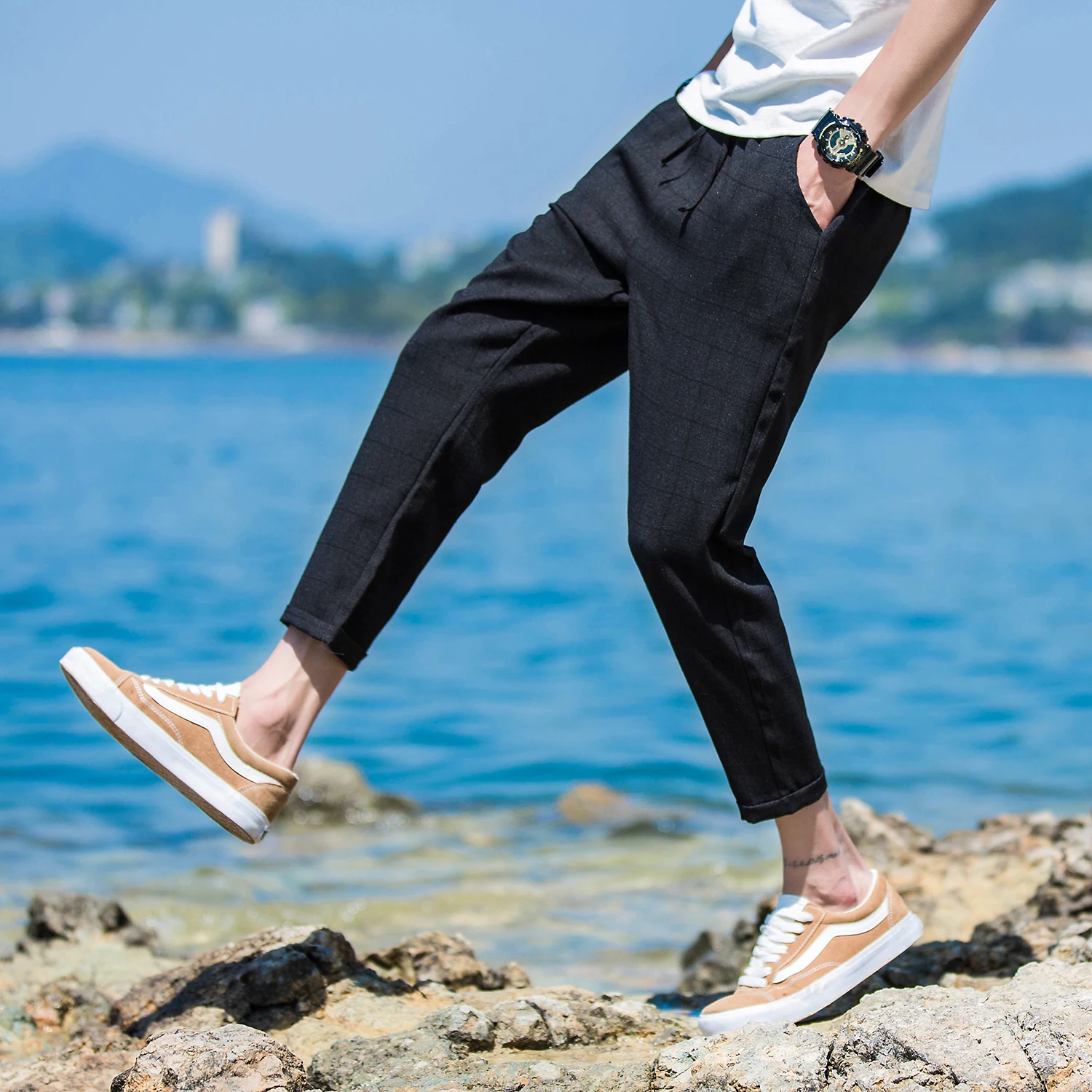 Мужские повседневные облегающие брюки удобные клетчатые Гарун с эластичной