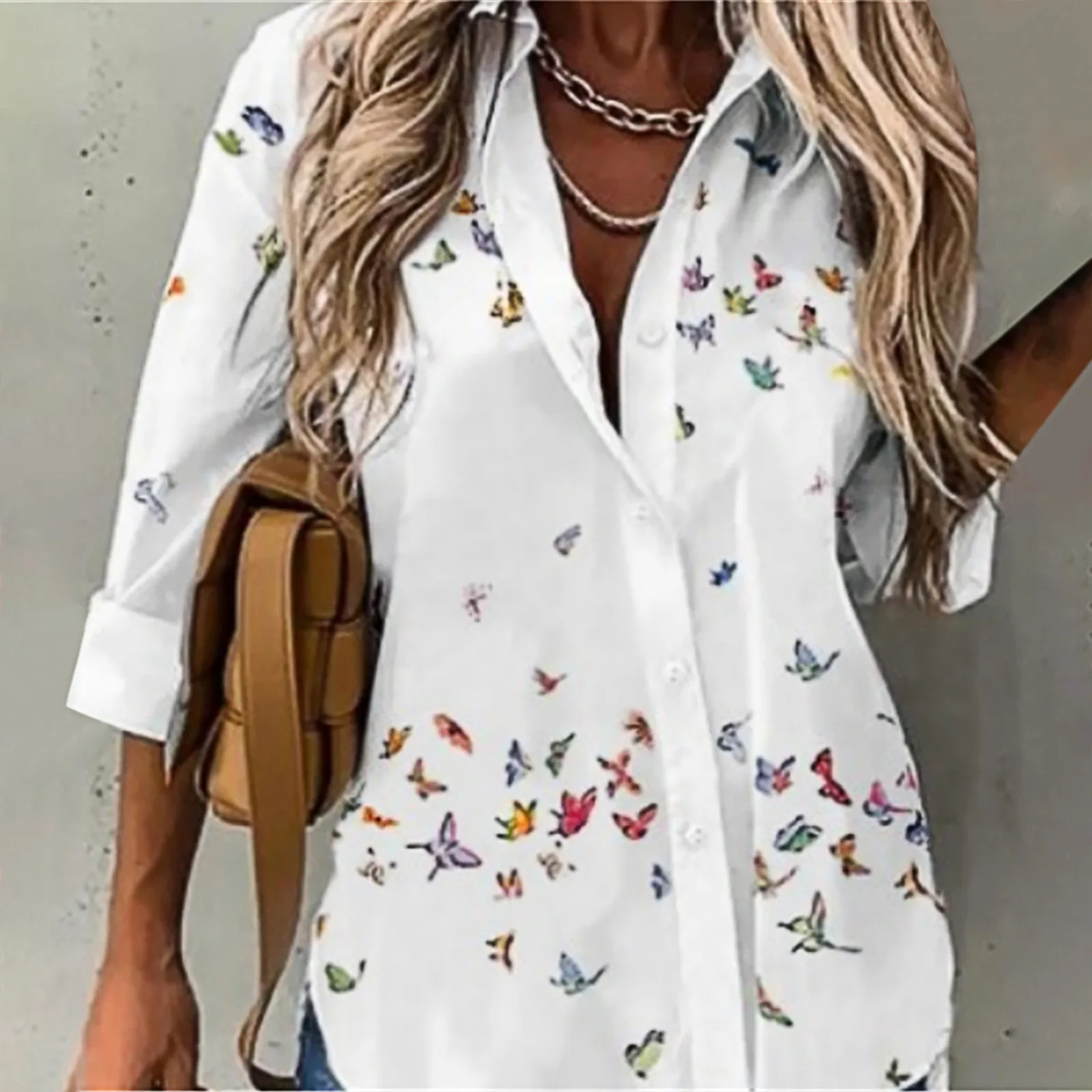 

Women Butterfly Print Shirt Loose V-neck Long Sleeve Blouse Tops Elegant Work Wear Chiffon Shirts Рубашка Женская Blusas 2021 R5