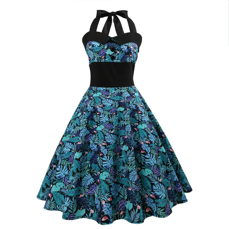 Pin up Vintage Summer Dress Retro Hepburn Rockabilly Floral Print Halter A-line Party Dresses Feminino Vestido De Fiesta | Женская
