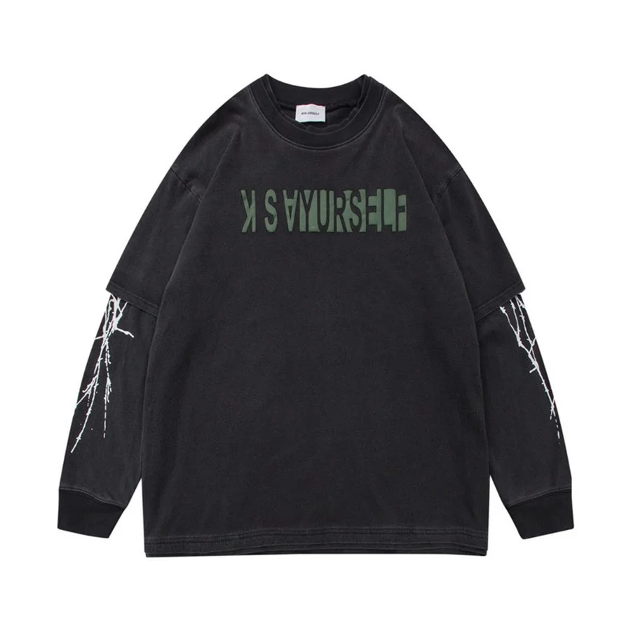 

Foaming Printing Askyurself T-shirt Women Men Long sleeve Mock Two-Piece Vintage Top Tee