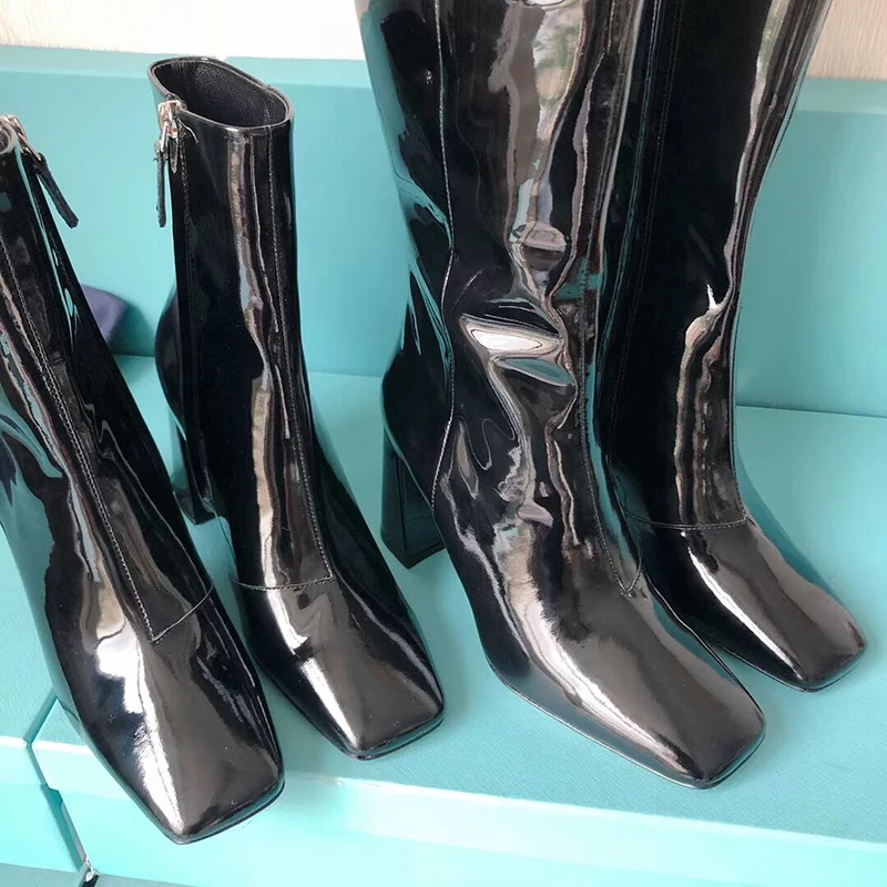 2020 Winter New Collection Designer Boots Knee High Long Mirror Leather Square Toe Heel Lelathe Shoes Women | Обувь