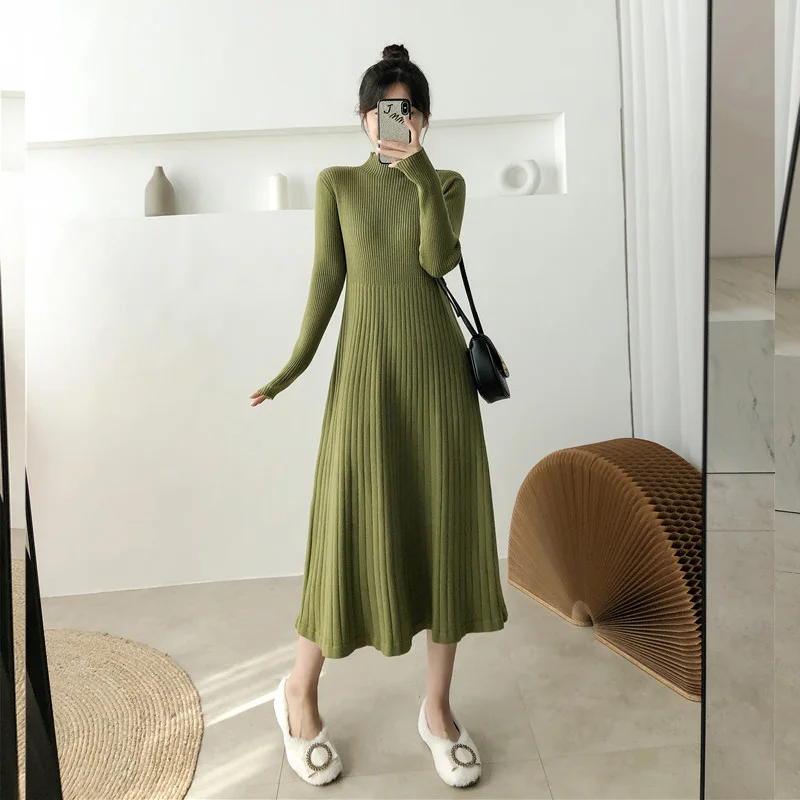 

Stylish Women'S Clothing 2020 Autumn Winter Fashion Elegant Vintage A-Line Long Sleeve One-Piece Knitted Sweater Dress Party