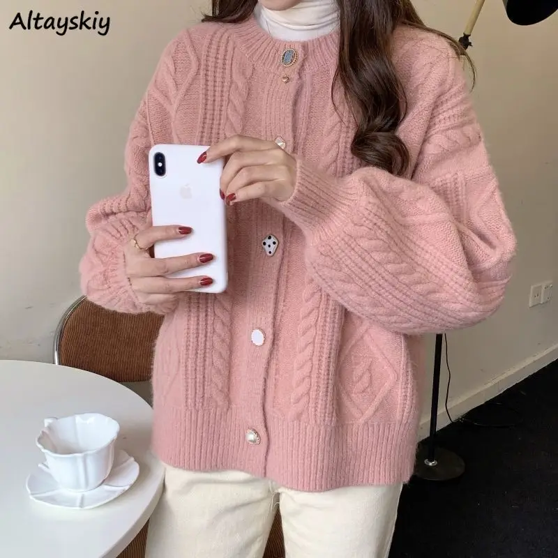 

Women Pink Cardigan Sweaters Gentle Sweet Buttons Twist Jumpers Japanese Style Temperament Design Glutinous Knitwear Versatile