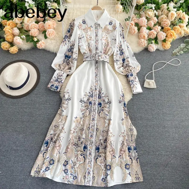 

New Spring Autumn Women Vintage Notched Collar Puff Sleeve Long Dress Single Breasted Floral Print Dress with Belt