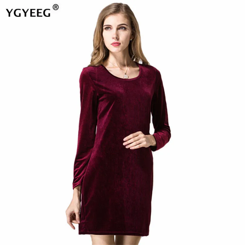 

YGYEEG Women Autumn Loose Casual Mini Dress Velvet Elegant Clothing Winter Vintage Long Sleeve Black Sapphire O-Neck Vestidos