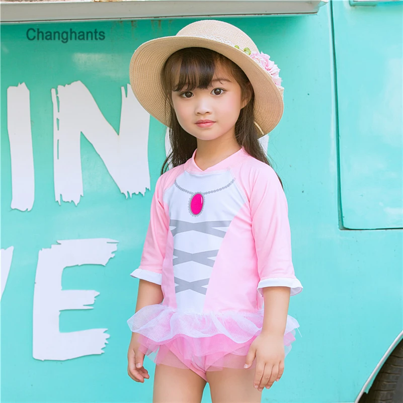 Новые модели детский купальник Цельный для девочек голубой розовый длинный