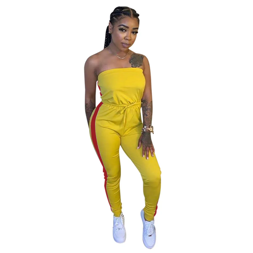 

High Quality Color Block Patchwork Sleeveless Bodycon Jumpsuit Autumn Activewear Workout Off Shoulder Backless Overall for Women