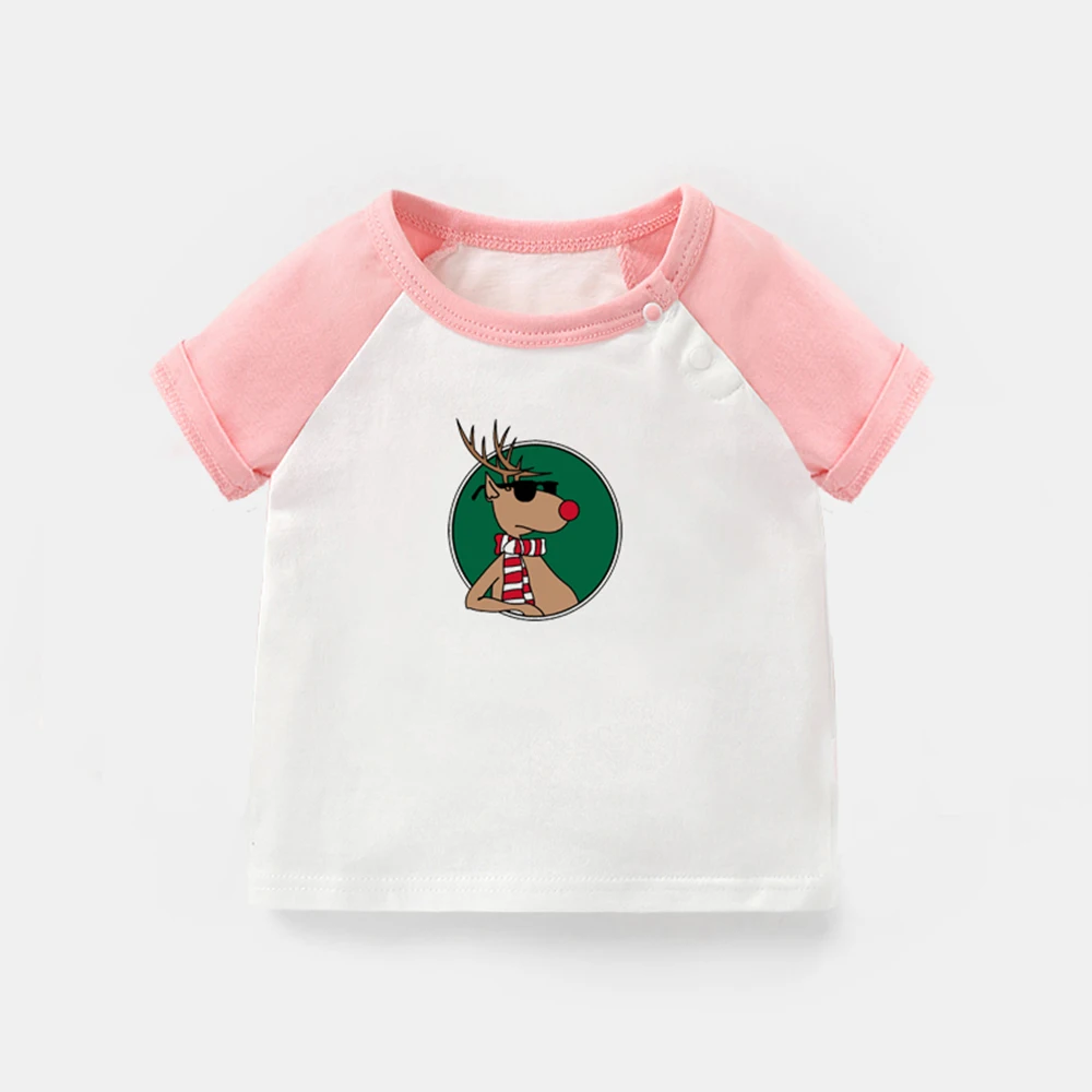 

Merry Christmas Funny Cool Reindeer Tree Design Newborn Baby T-shirts Toddler Graphic Raglan Color Short Sleeve Tee Tops