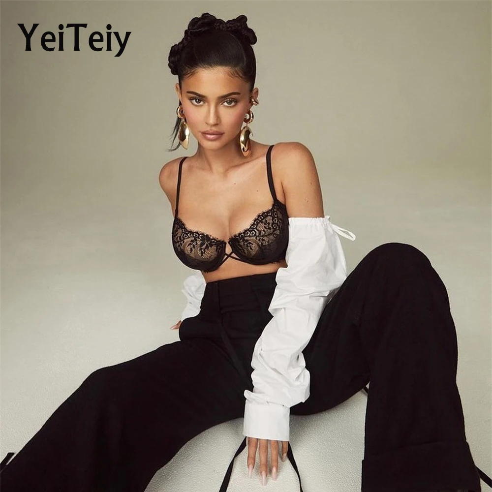 

Летний Новый Стиль, короткий топ Yeiteiy, женский сексуальный кружевной лоскутный бюстгальтер на бретельках, модная Регулируемая черная одежд...