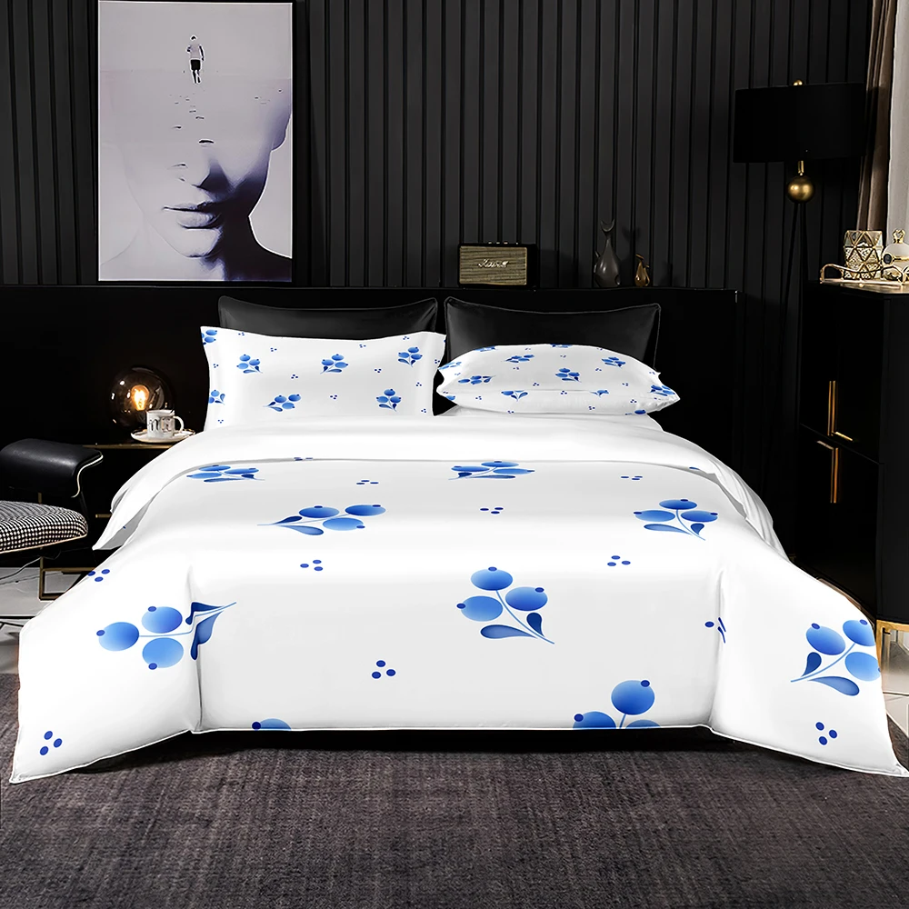 

Elegant White Bedding Set Quality Soft Duvet Cover Blue Fruit Print Set with Pillowcase for Queen King Size
