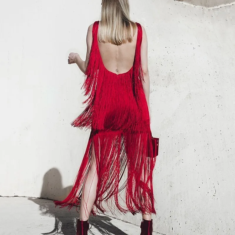 

SISPELL Patchwork Tassel Dresses For Girls Square Collar Sleeveless High Waist Slimming Backless Women's Sexy Dress 2020 New
