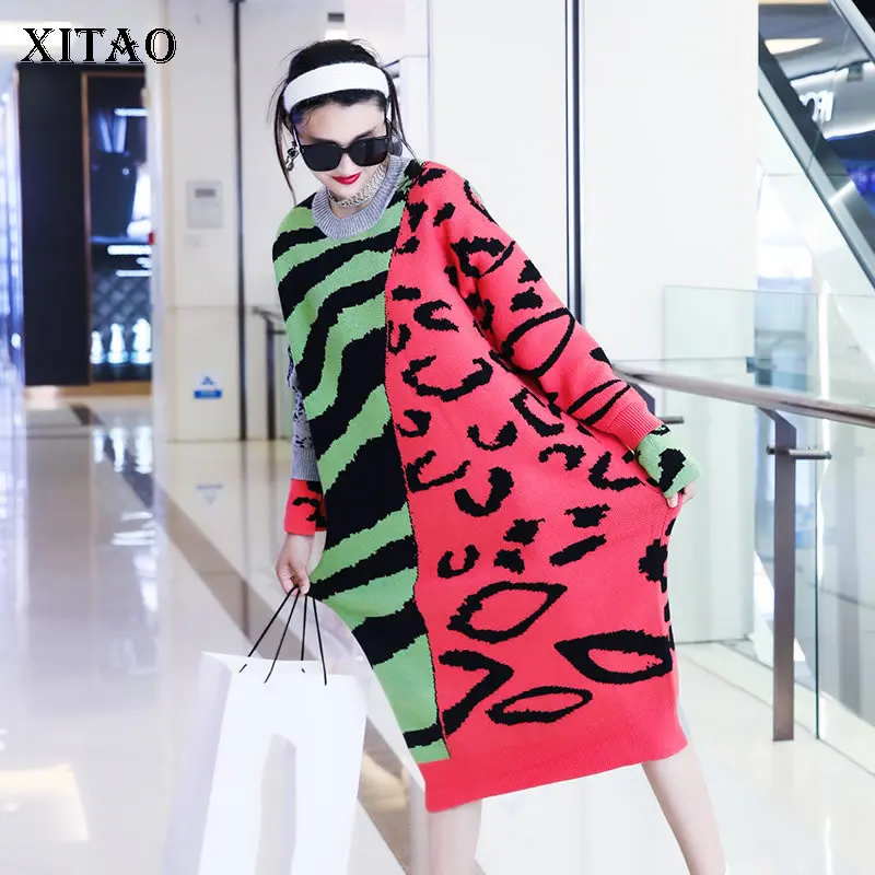 

XITAO трикотажное платье, Модный узор, маленький свежий Повседневный стиль, пуловер размера плюс, 2021 осеннее платье с широкими рукавами, WMD2644