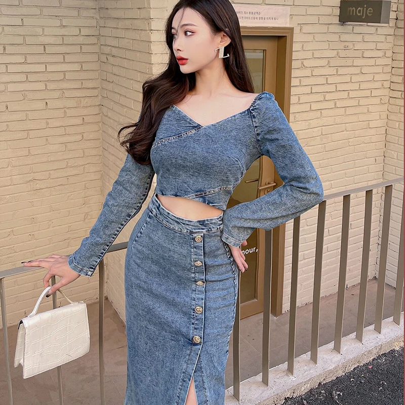 

2022 Spring Two Piece Set Women Sexy Jeans Two Piece Set Long Sleeve Crop Tops And Bodycon Split Denim Skirt Suits For Woman