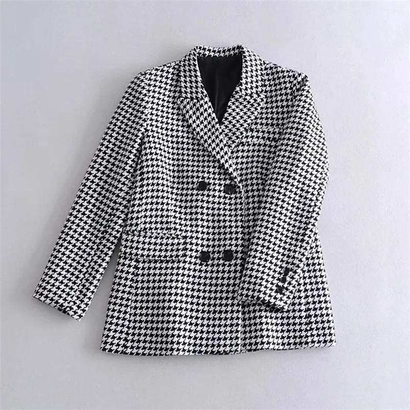 

Tweed Houndstooth Blazer Suit Korea Fashion Double Breasted Temperament Commute Office Plaid Blazer 2021 New Vintage Casual Suit