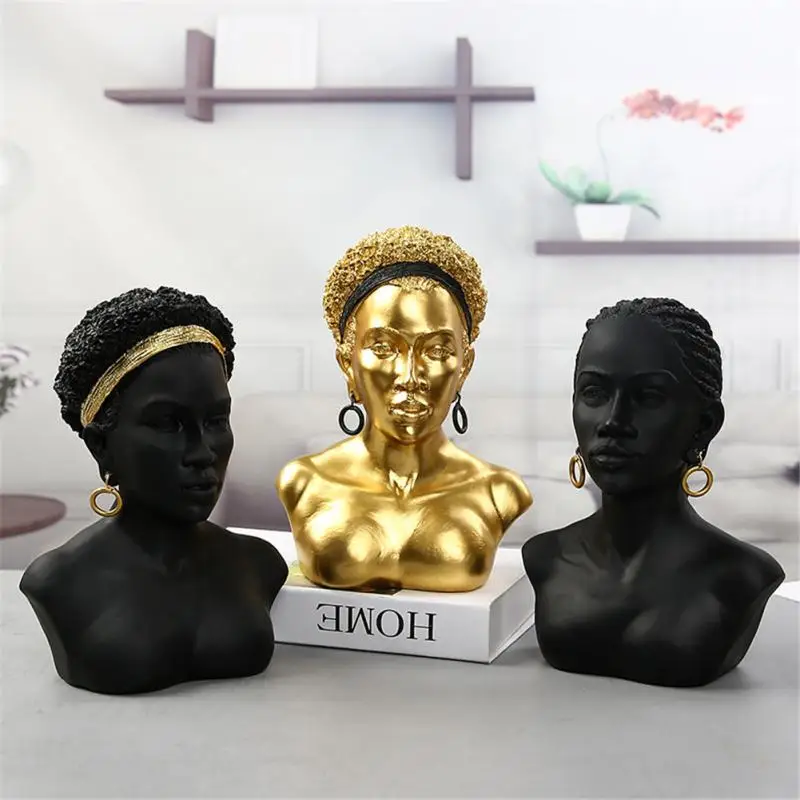 

African Character Sculpture Gold Resin Desktop Decorations Art Crafts American Lady Ornaments Black Bust Statue Home Decor Tool