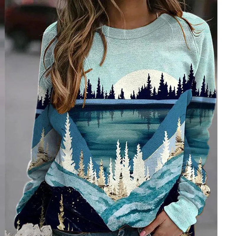 

Landscape Reflection Printing Oversized Crewneck Sweatshirt Women Loose Vintage Harajuku Long Sleeve Casual Fashion Tops Spring