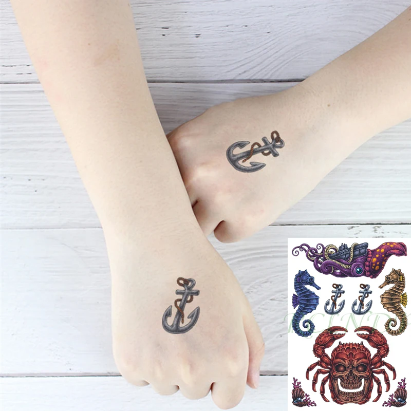Waterproof Temporary Tattoo Sticker Octopus Boat Seahorse Skull Crab Anchor Shell Flash Tatoo Fake Tatto Art for Men Women | Красота и