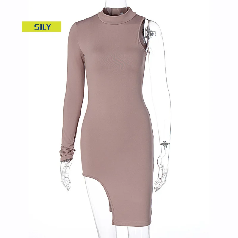 

One Shoulder Long Sleeve Women Bodycon Party Dresses Side Slit Autumn Fashion Sexy Skinny Clubwear Mini Dress Solid Hot