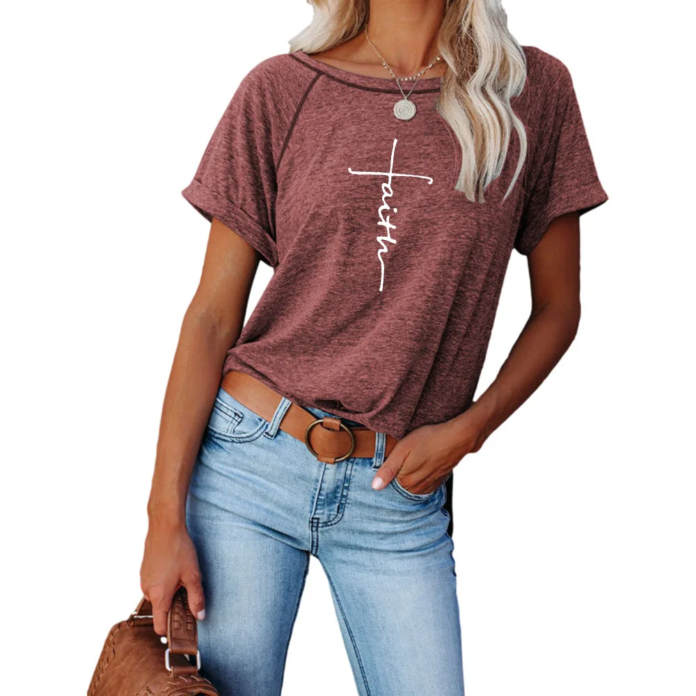 

New T-Shirt Women's Top Faith Color Matching Split Round Neck Short-Sleeved T-Shirt