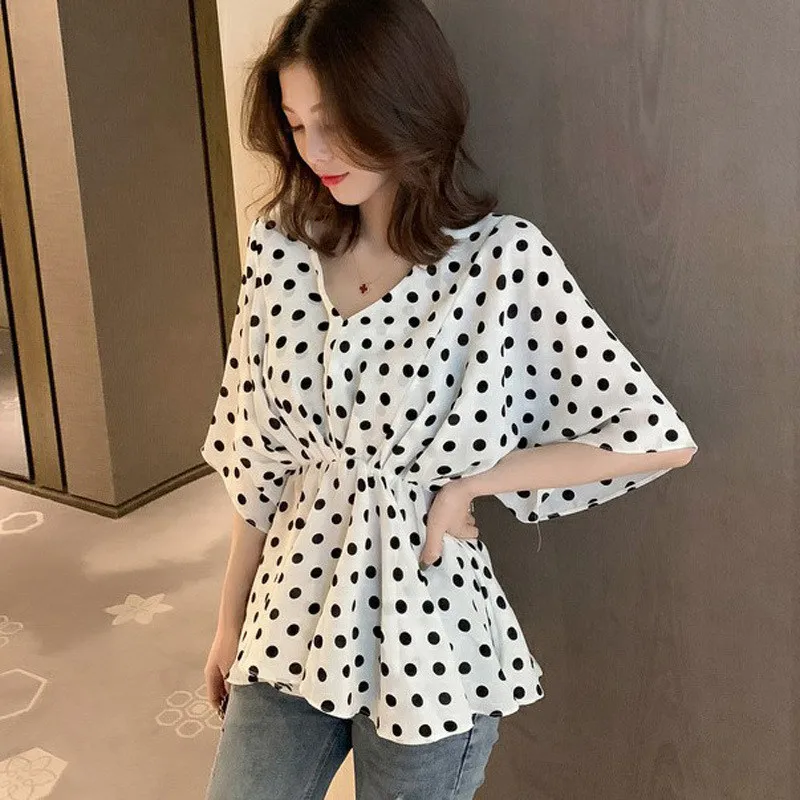

Chiffon Shirt For Women 2021 Summer New Fashion Polka Dot Plus Size Slim Fat MM Loose All-match Bat Sleeve Shirt Female JD1158