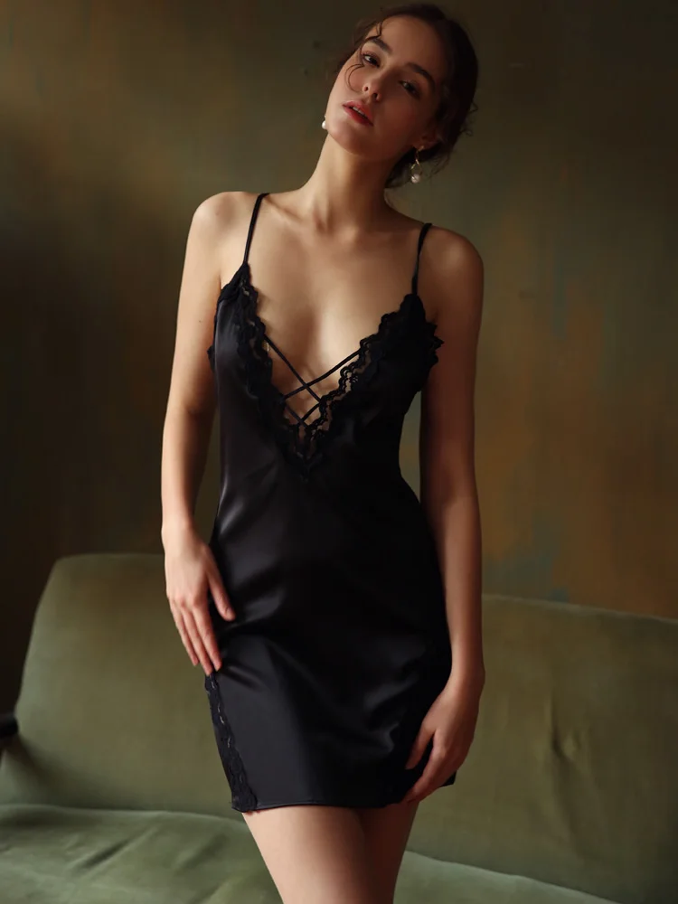 Сексуальная женская летняя ночная рубашка сорочка одежда для сна шелковая