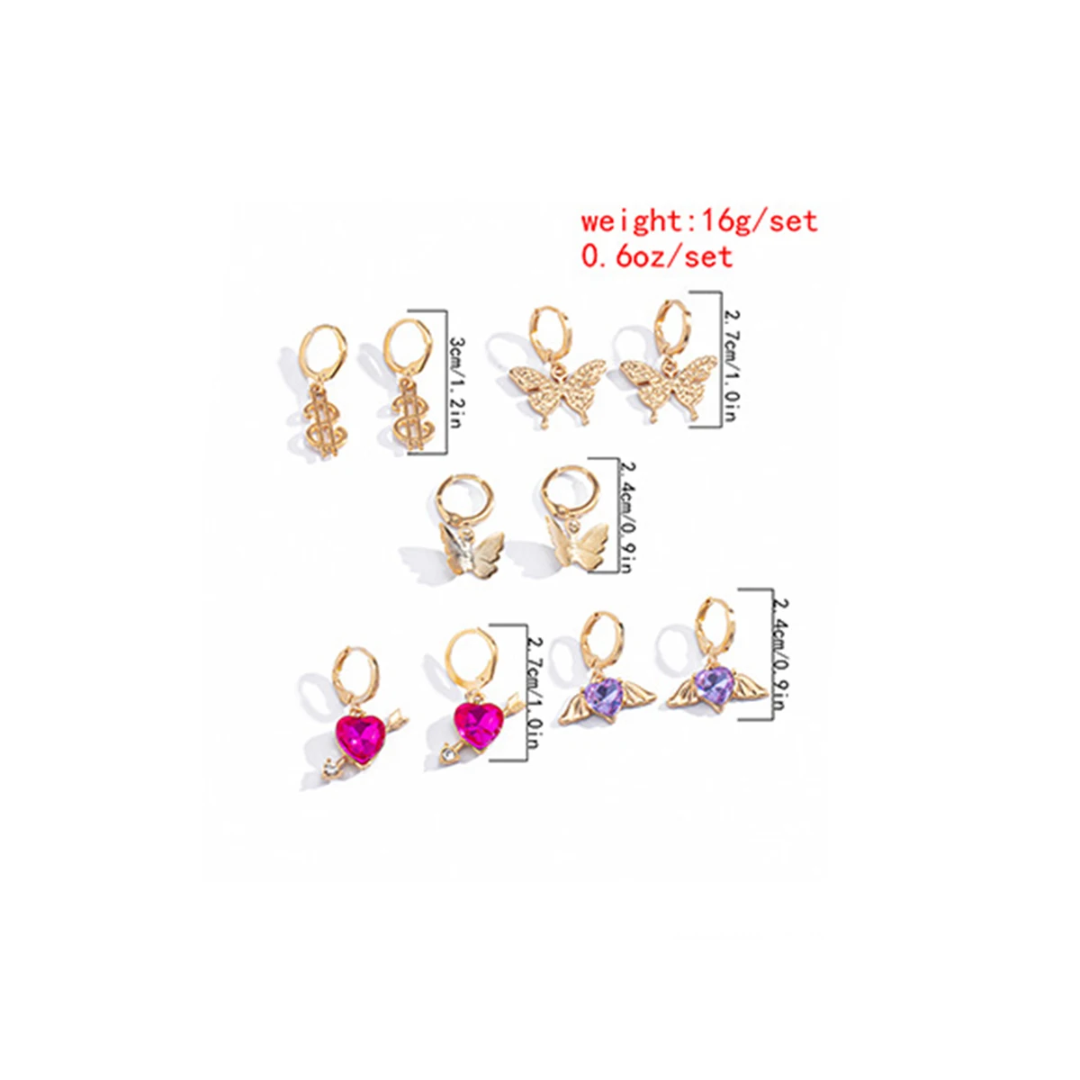 

New Arrivals Wholesale 5PRS/SET Circle Earrings New Vintage Shiny Heart Crystal Earrings Gold Circle Earclip Women Gold Jewelry