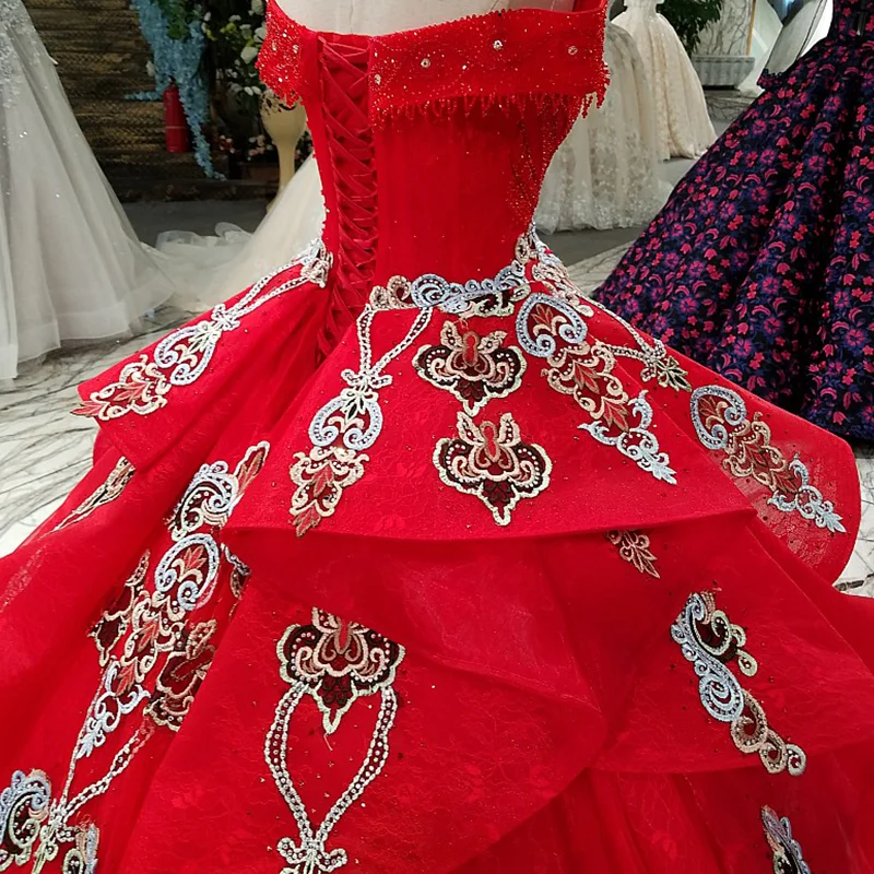 LS60411 vitage off shoulder sweetheart floor length lace up back crystal ball gown prom dress red puffy evening wholesale | Свадьбы и