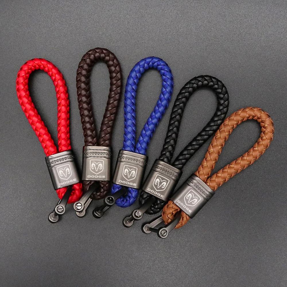 

Vintage hand-woven car key chain For Dodge Challenger Avenger SXT Nitro RAM Leather rope keychain braided rope Car logo keychain