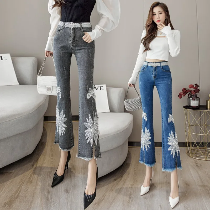 

Stretchy Plus Size Women Denim Flare Pants Pearls Tassels Bow Beading Flower Embroidery Skinny Jeans Woman High Waist Pants Mom