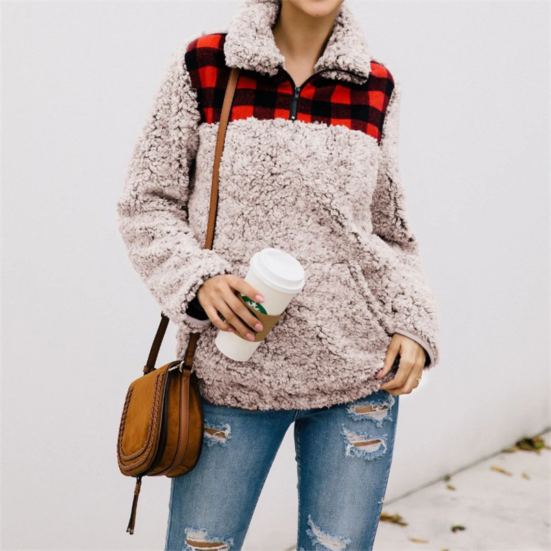 

Women Fleece Outerwear Plaid Patchwork Fluffy Thick Sweaters Warm Zipper Pullovers Women Winter Coat Sherpa Tops Sweatshirts