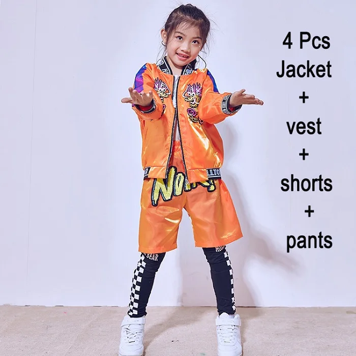 

Hip Hop Dance Costume Kids Boys Jazz Costumes Street Dance Clothing Children Performance Wear Girls Orange Jacket
