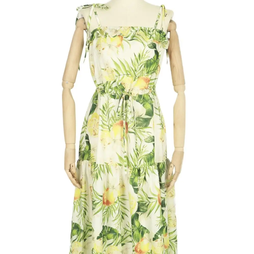 

2021 Summer Women's Green Wrapped Chest Floral Print Halter Vacation Style High Waist Casual Ruffle Long Dress